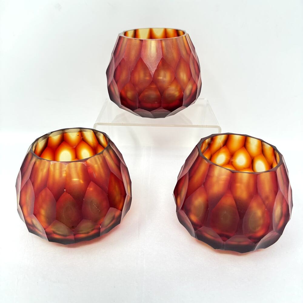 Cathedral Amber Glass Votive Candle Holders Set of 3 Faceted Geometric